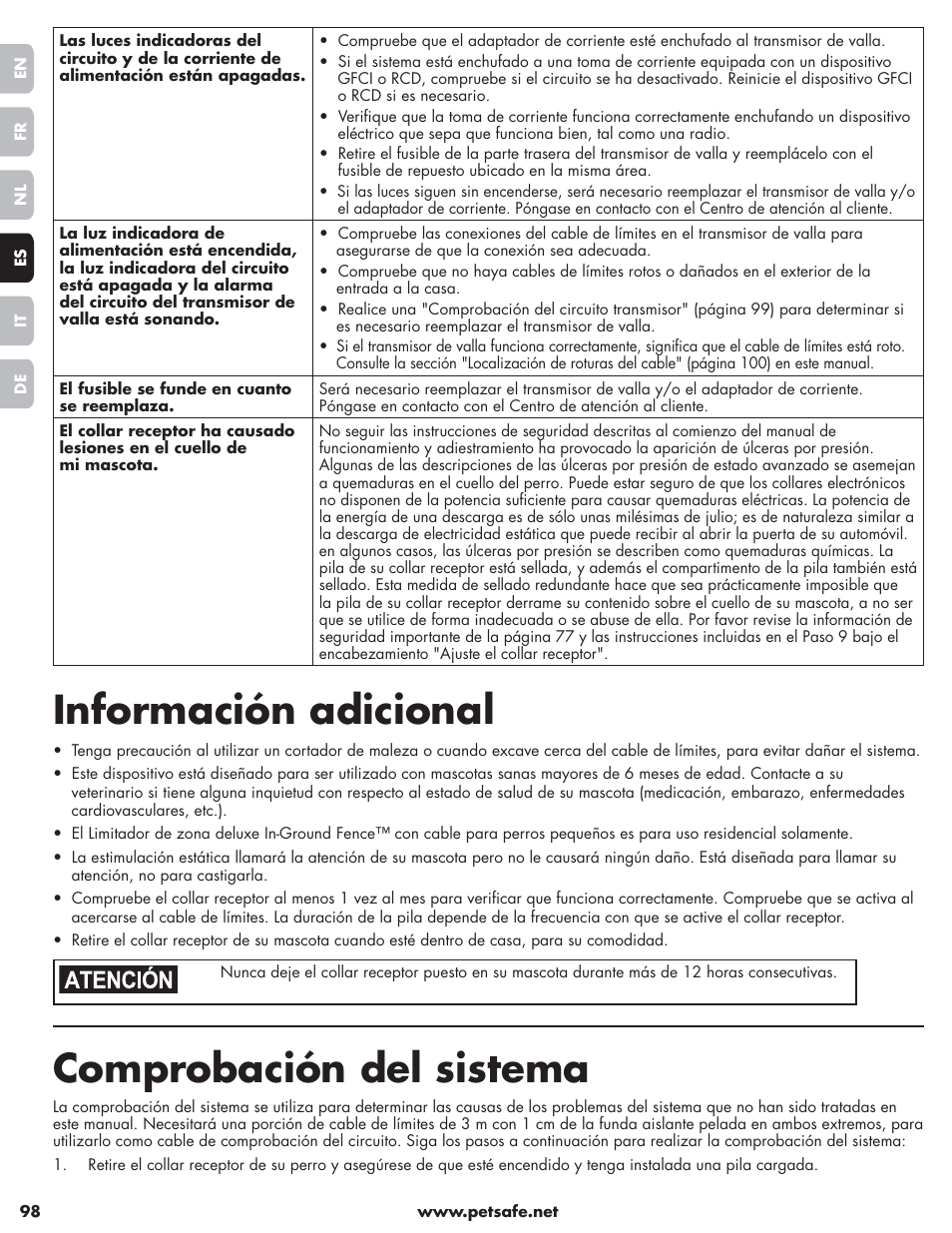 Información adicional, Comprobación del sistema | Petsafe Little Dog Deluxe In-Ground Fence™ User Manual | Page 98 / 152