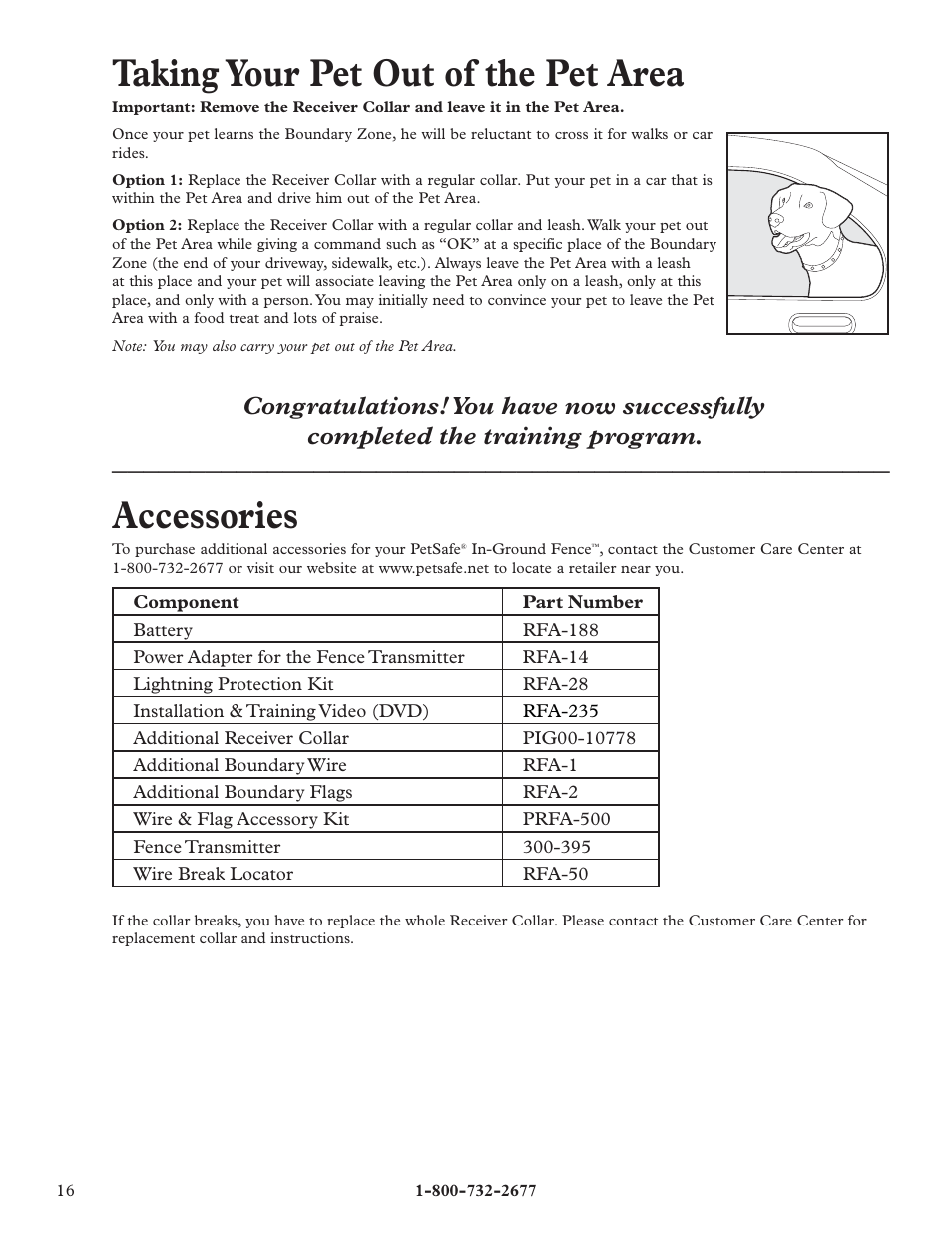 Taking your pet out of the pet area, Accessories | Petsafe Little Dog Deluxe In-Ground Fence™ User Manual | Page 16 / 24