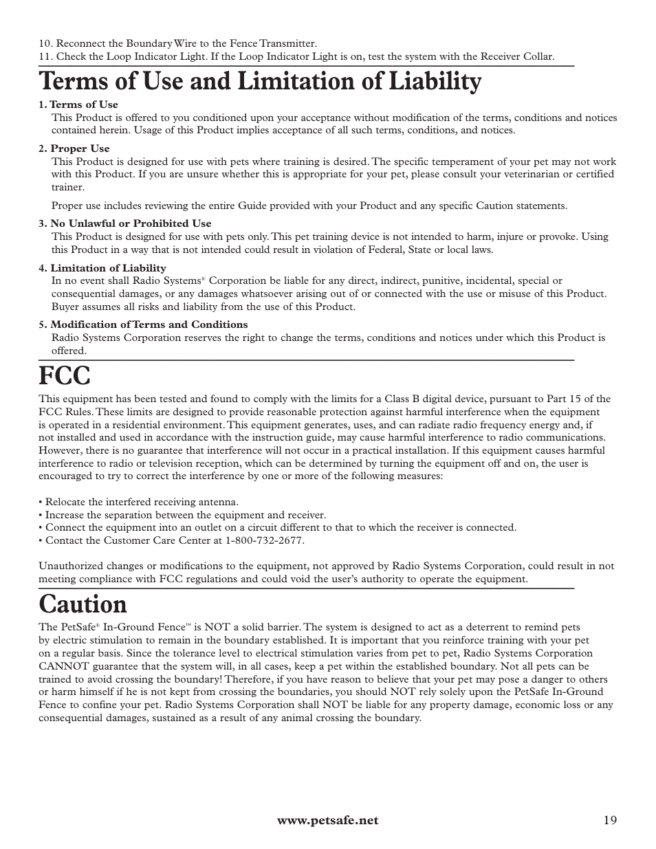Terms of use and limitation of liability, Caution | Petsafe Little Dog Deluxe In-Ground Fence™ User Manual | Page 19 / 24