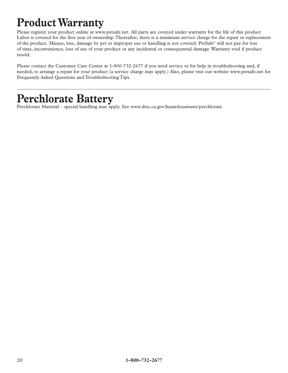 Product warranty, Perchlorate battery | Petsafe Little Dog Deluxe In-Ground Fence™ User Manual | Page 20 / 24