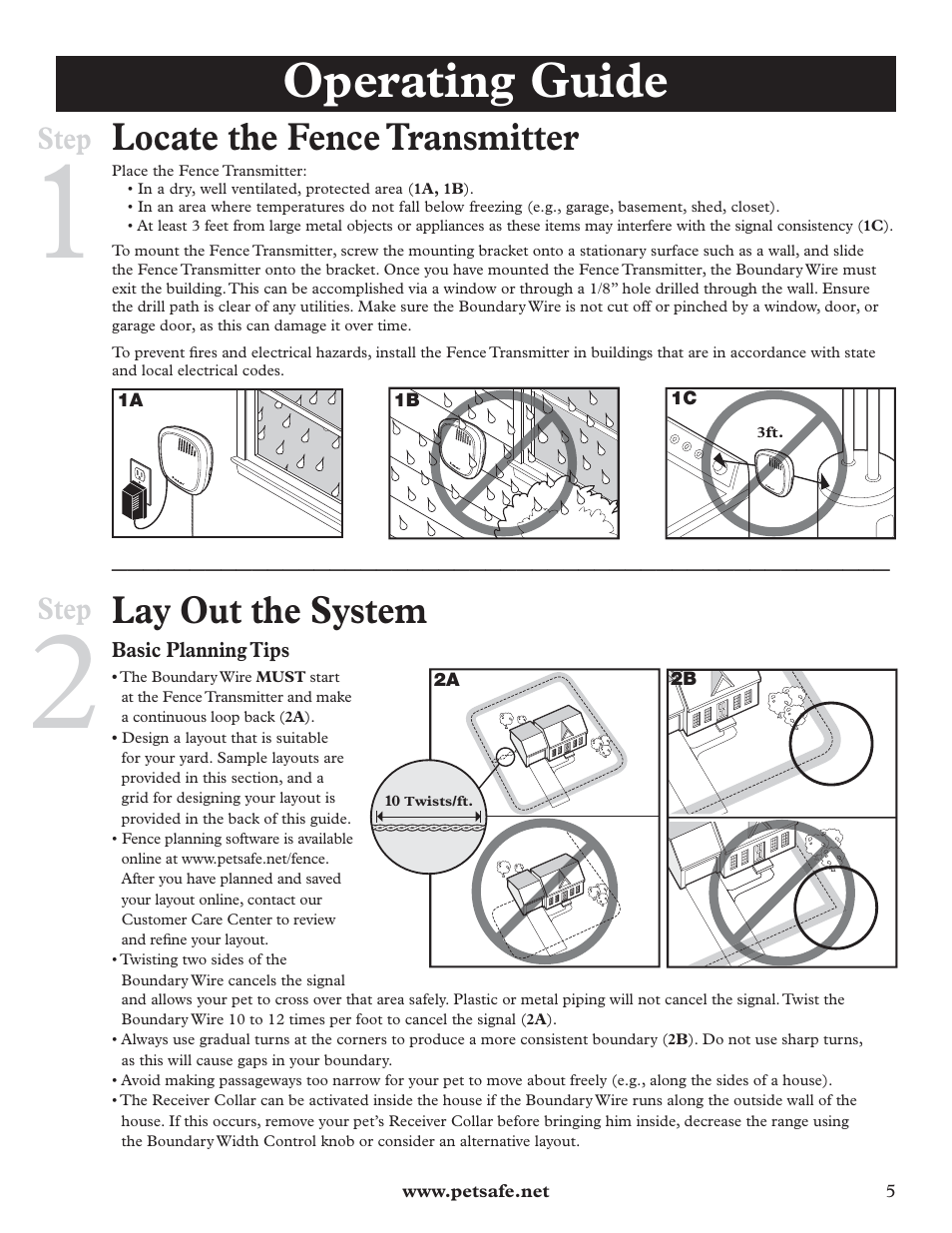 Operating guide, Locate the fence transmitter, Lay out the system | Step | Petsafe Little Dog Deluxe In-Ground Fence™ User Manual | Page 5 / 24