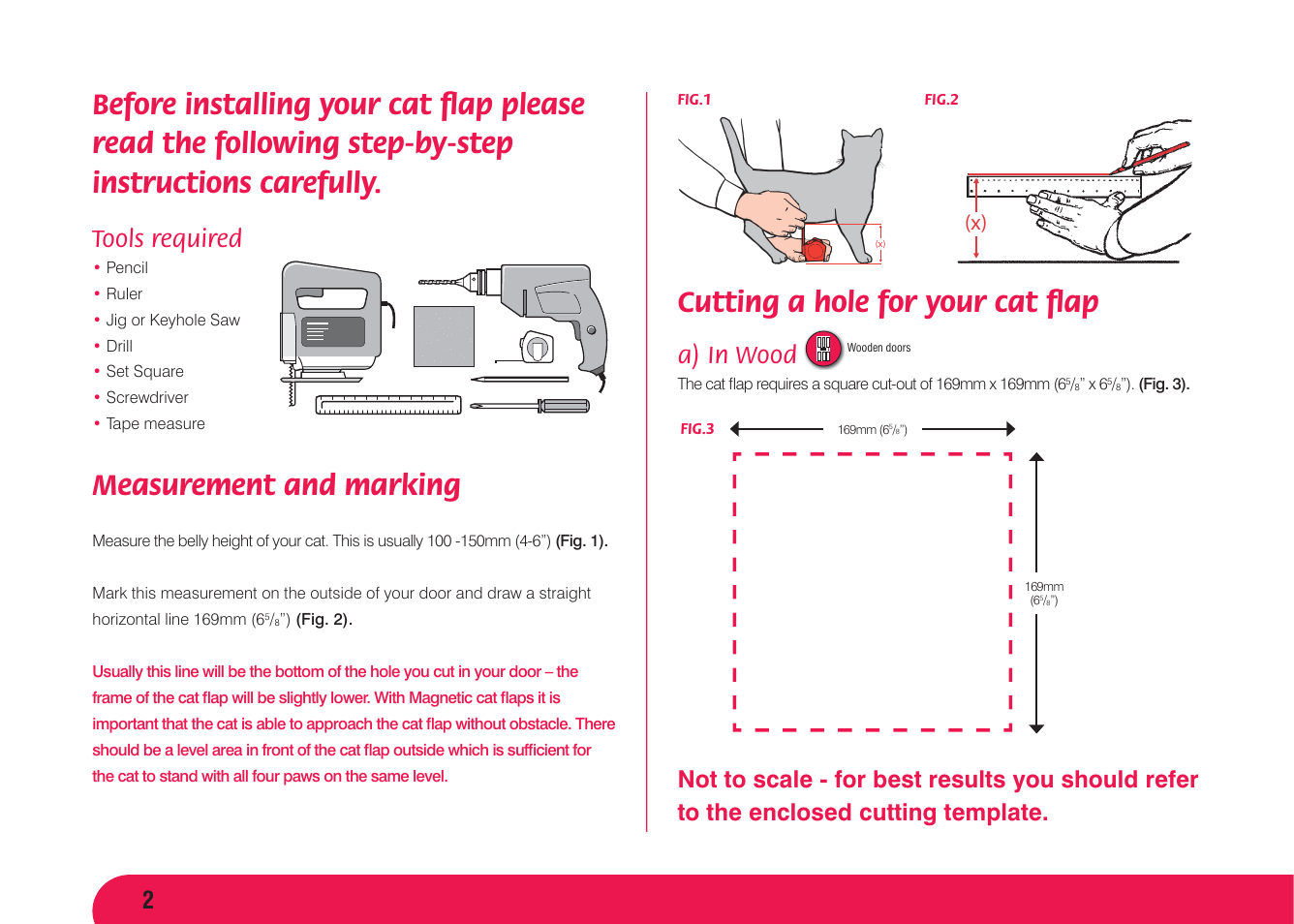 Measurement and marking, Cutting a hole for your cat ﬂ ap, Tools required | A) in wood | Petsafe Magnetic 4 Way Locking Classic Cat Flap User Manual | Page 3 / 52