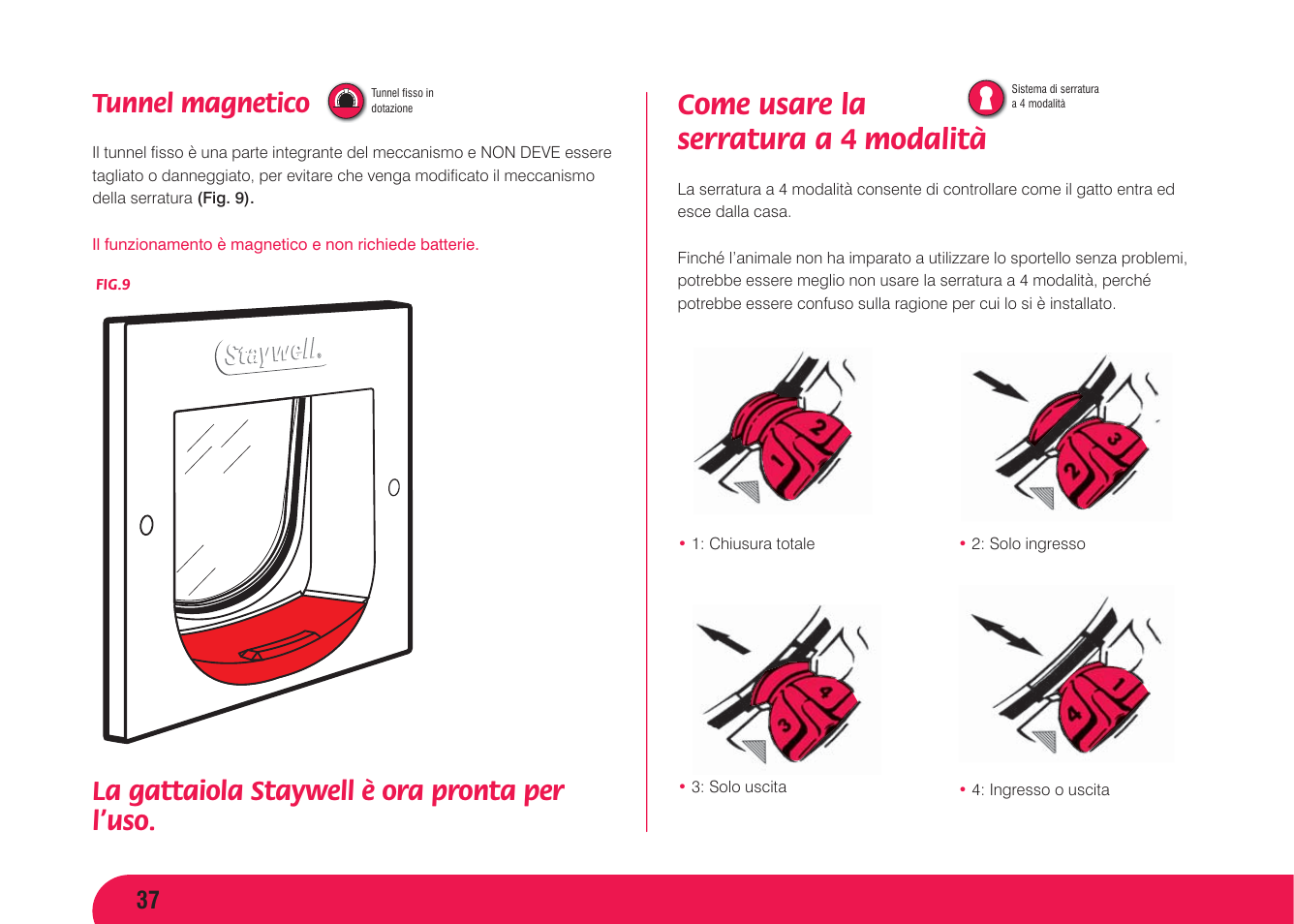 Come usare la serratura a 4 modalità, Tunnel magnetico, La gattaiola staywell è ora pronta per l’uso | Petsafe Magnetic 4 Way Locking Classic Cat Flap User Manual | Page 38 / 52