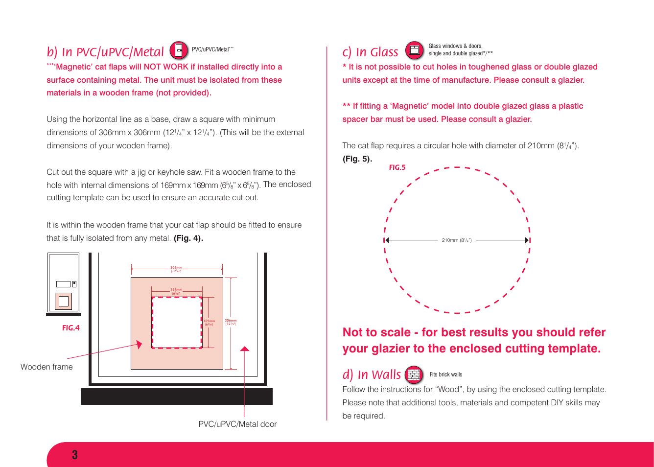 B) in pvc/upvc/metal, C) in glass, D) in walls | X 12, Fig. 5), Pvc/upvc/metal door fig.4 wooden frame | Petsafe Magnetic 4 Way Locking Classic Cat Flap User Manual | Page 4 / 52