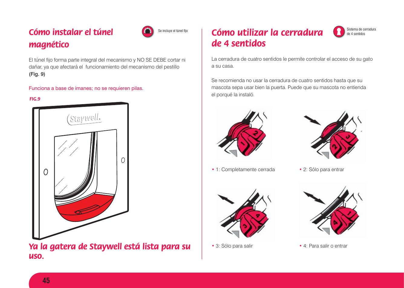 Cómo utilizar la cerradura de 4 sentidos, Cómo instalar el túnel magnético, Ya la gatera de staywell está lista para su uso | Petsafe Magnetic 4 Way Locking Classic Cat Flap User Manual | Page 46 / 52