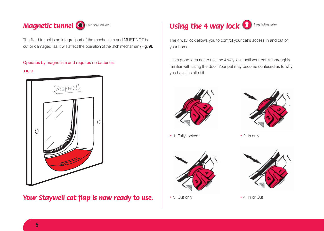 Using the 4 way lock, Magnetic tunnel, Your staywell cat ﬂ ap is now ready to use | Petsafe Magnetic 4 Way Locking Classic Cat Flap User Manual | Page 6 / 52