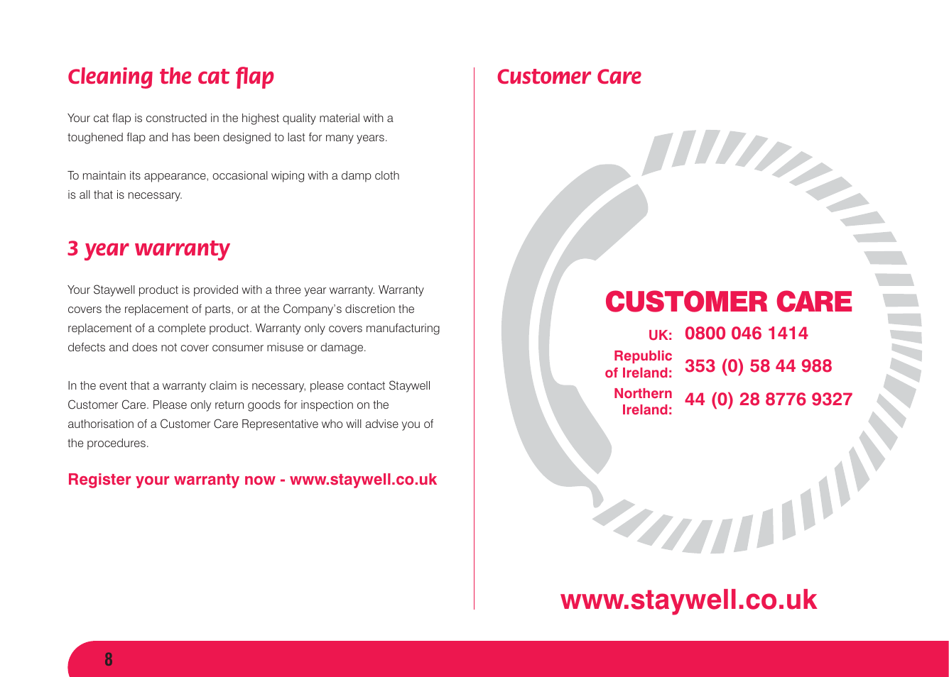 Customer care, Cleaning the cat ﬂ ap, 3 year warranty | Petsafe Magnetic 4 Way Locking Classic Cat Flap User Manual | Page 9 / 52