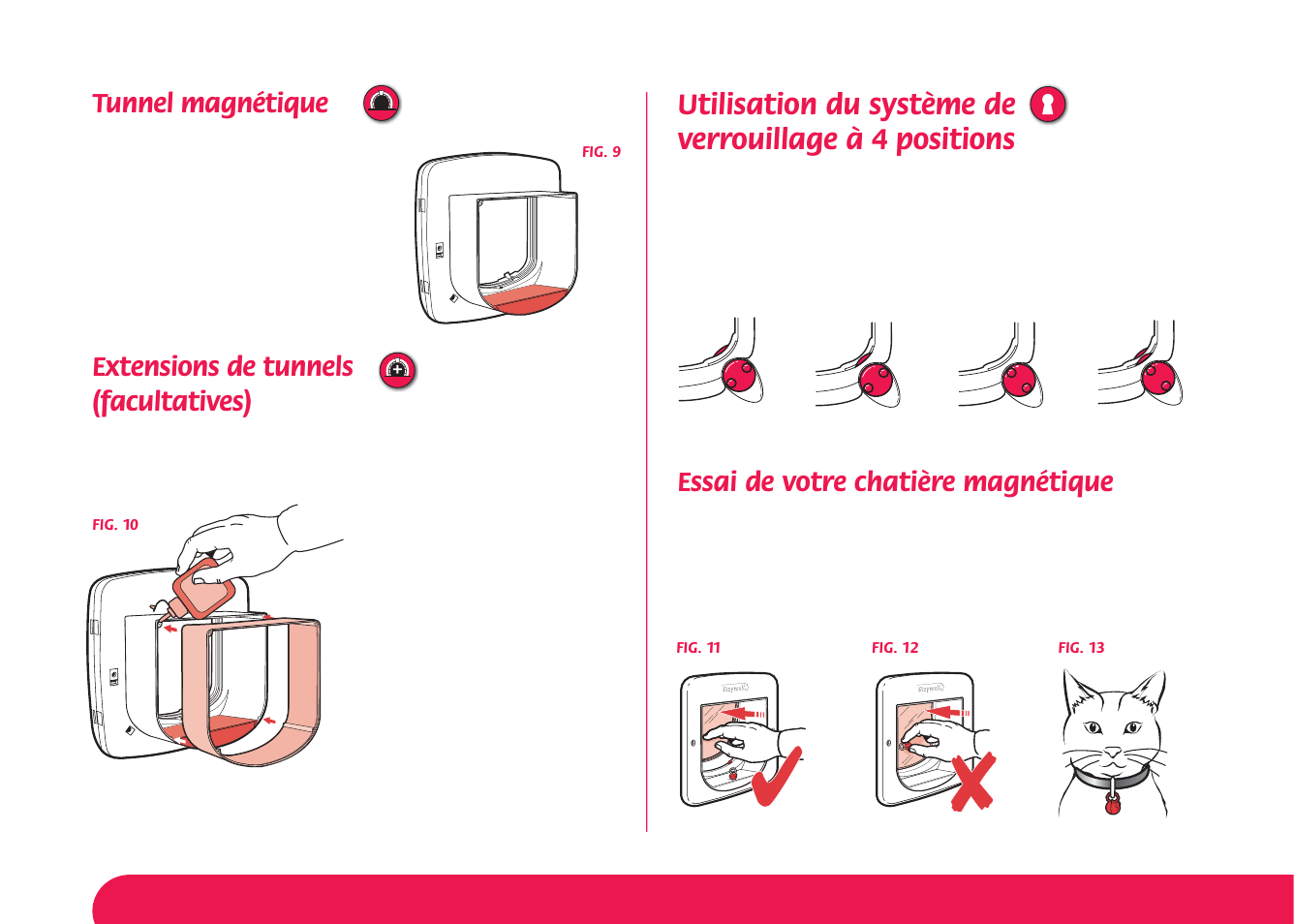 Tunnel magnétique, Extensions de tunnels (facultatives), Essai de votre chatière magnétique | Petsafe Magnetic 4-Way Locking Cat Flap User Manual | Page 14 / 52