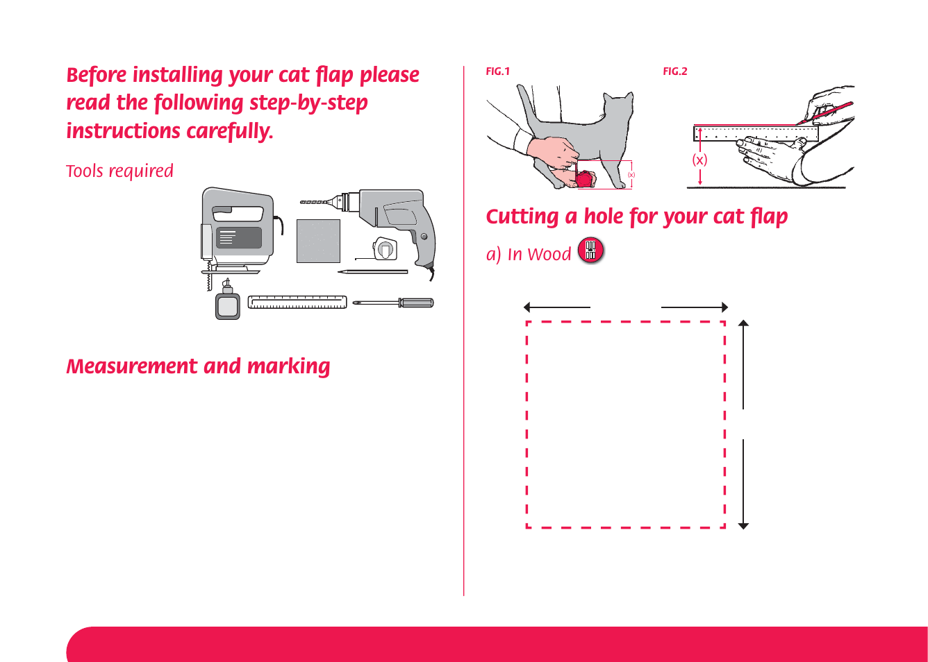 Measurement and marking, Cutting a hole for your cat ﬂ ap, Tools required | A) in wood | Petsafe Magnetic 4-Way Locking Cat Flap User Manual | Page 3 / 52
