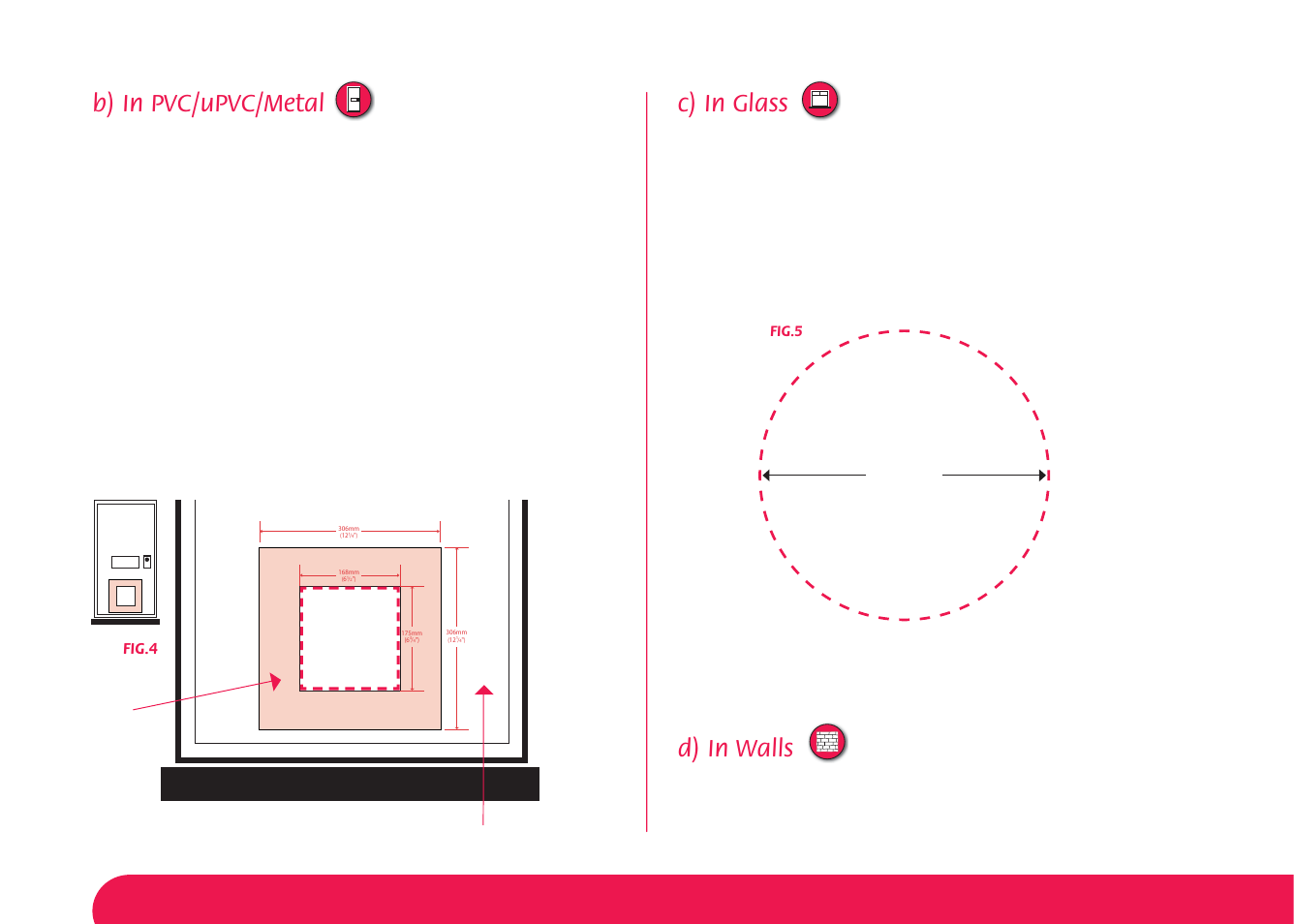 B) in pvc/upvc/metal, C) in glass, D) in walls | X 12, Fig .5), Pvc/upvc/metal door fig.4 wooden frame | Petsafe Magnetic 4-Way Locking Cat Flap User Manual | Page 4 / 52