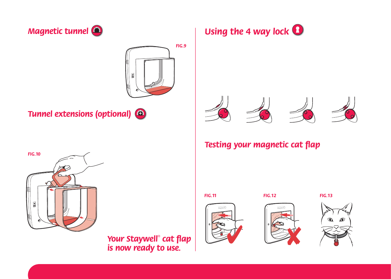 Using the 4 way lock, Magnetic tunnel, Tunnel extensions (optional) | Testing your magnetic cat ﬂ ap, Your staywell, Cat ﬂ ap is now ready to use | Petsafe Magnetic 4-Way Locking Cat Flap User Manual | Page 6 / 52