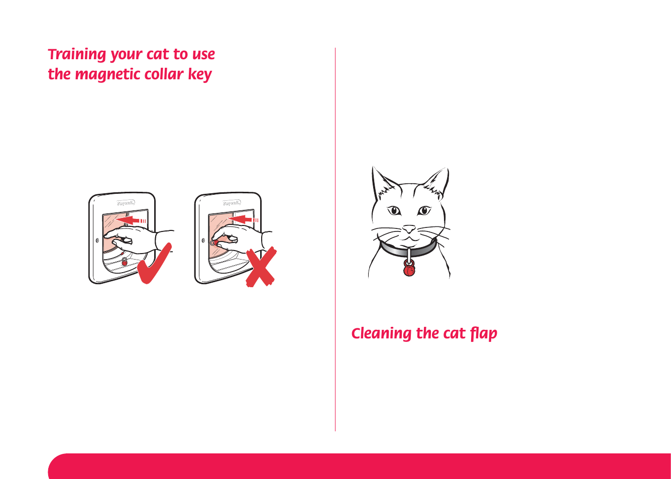 Training your cat to use the magnetic collar key, Cleaning the cat ﬂ ap | Petsafe Magnetic 4-Way Locking Cat Flap User Manual | Page 8 / 52