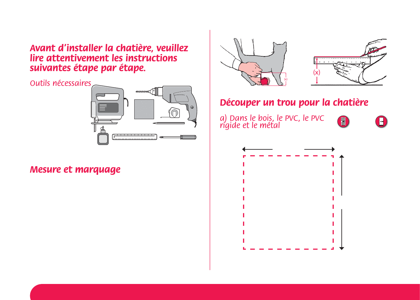 Mesure et marquage, Découper un trou pour la chatière, Outils nécessaires | A) dans le bois, le pvc, le pvc rigide et le métal | Petsafe Manual 4 Way Locking Classic Cat Flap User Manual | Page 10 / 44