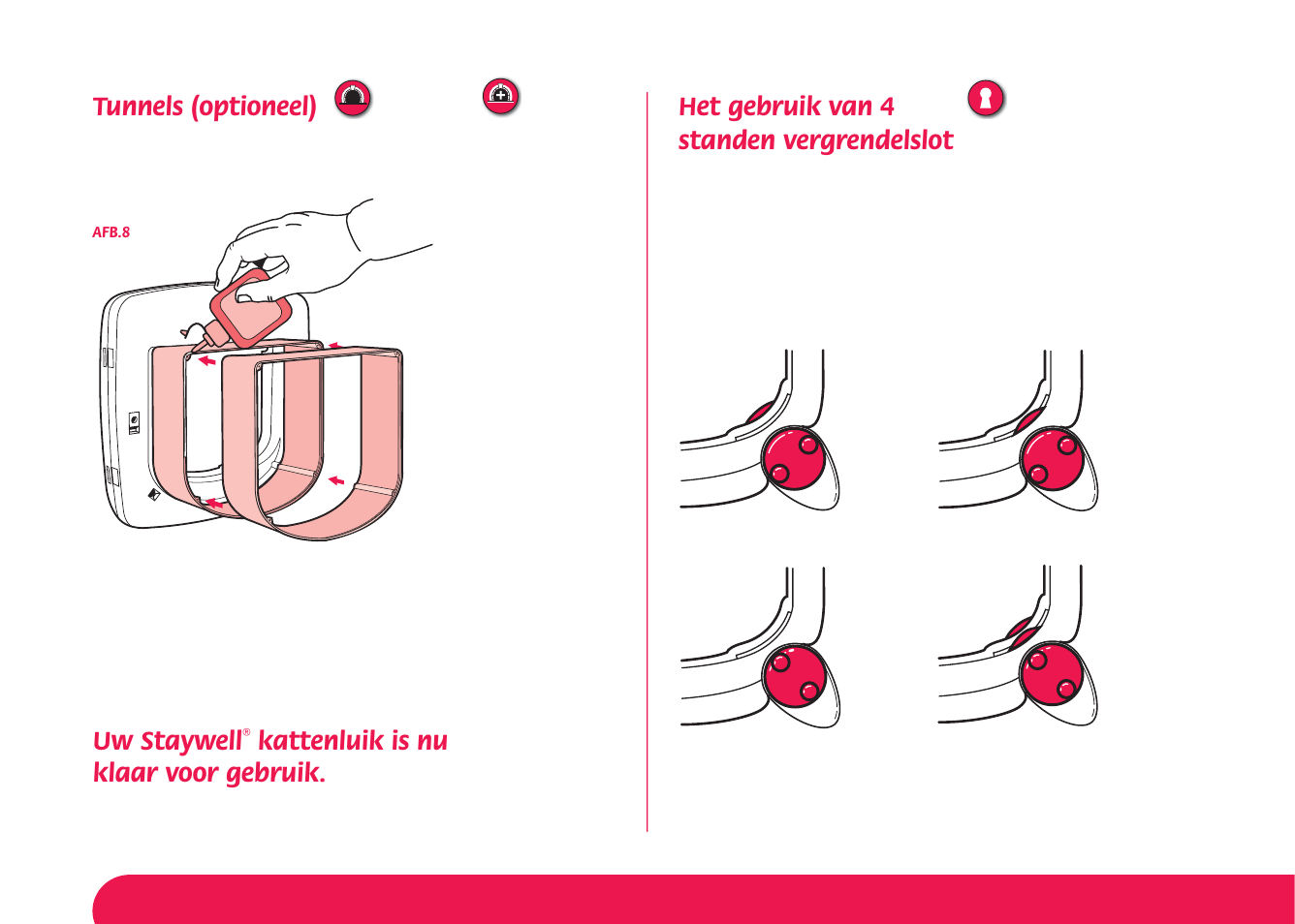 Tunnels (optioneel), Het gebruik van 4 standen vergrendelslot, Uw staywell | Kattenluik is nu klaar voor gebruik | Petsafe Manual 4 Way Locking Classic Cat Flap User Manual | Page 20 / 44