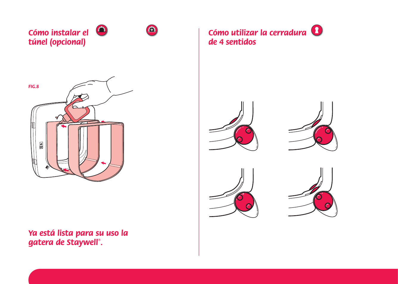 Cómo instalar el túnel (opcional), Ya está lista para su uso la gatera de staywell, Cómo utilizar la cerradura de 4 sentidos | Petsafe Manual 4 Way Locking Classic Cat Flap User Manual | Page 41 / 44