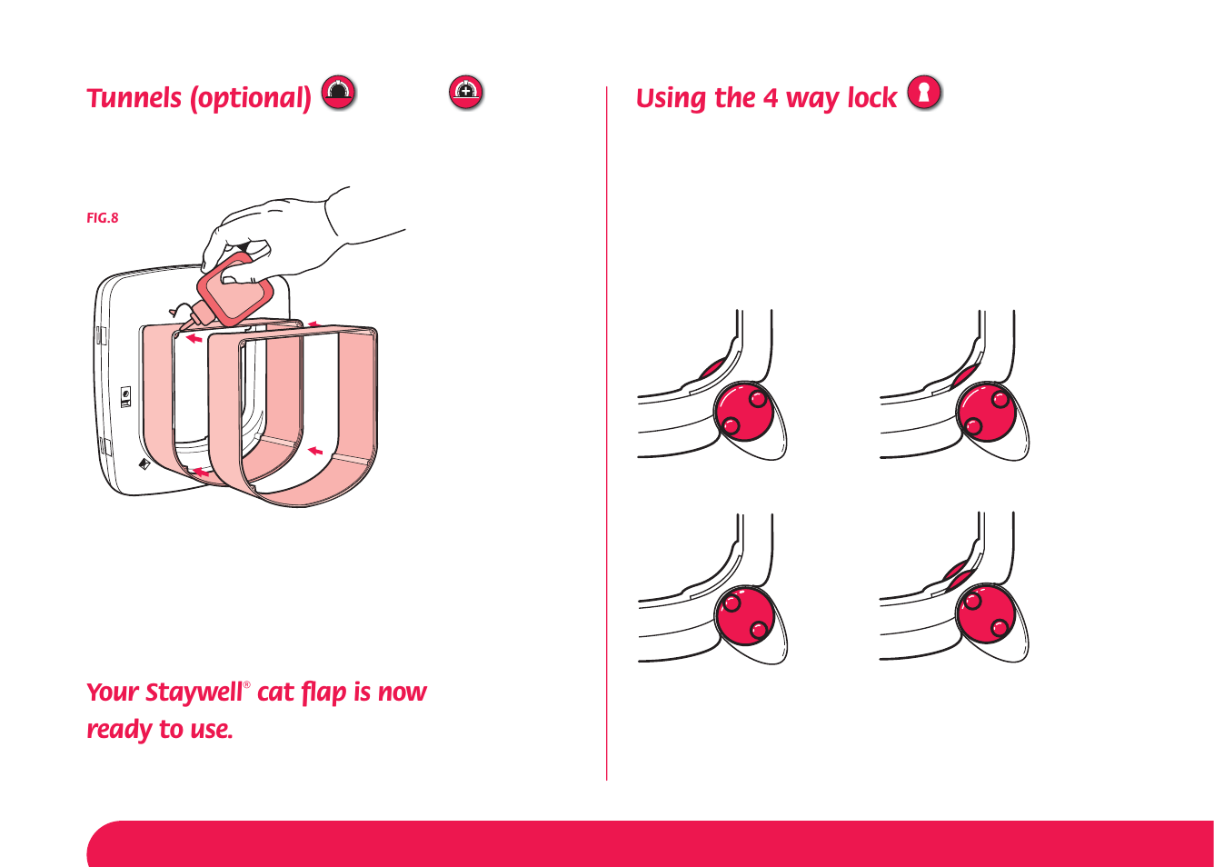 Tunnels (optional), Using the 4 way lock, Your staywell | Cat ﬂ ap is now ready to use | Petsafe Manual 4 Way Locking Classic Cat Flap User Manual | Page 6 / 44