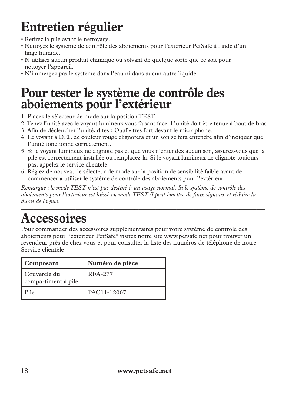 Entretien régulier, Accessoires | Petsafe Outdoor Bark Control User Manual | Page 18 / 72