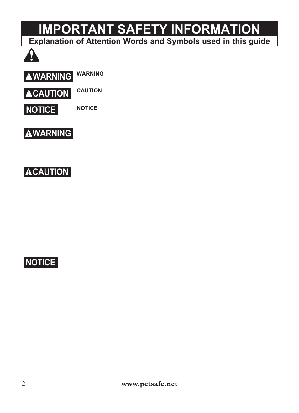 Important safety information, Warning, Caution | Notice | Petsafe Outdoor Bark Control User Manual | Page 2 / 72