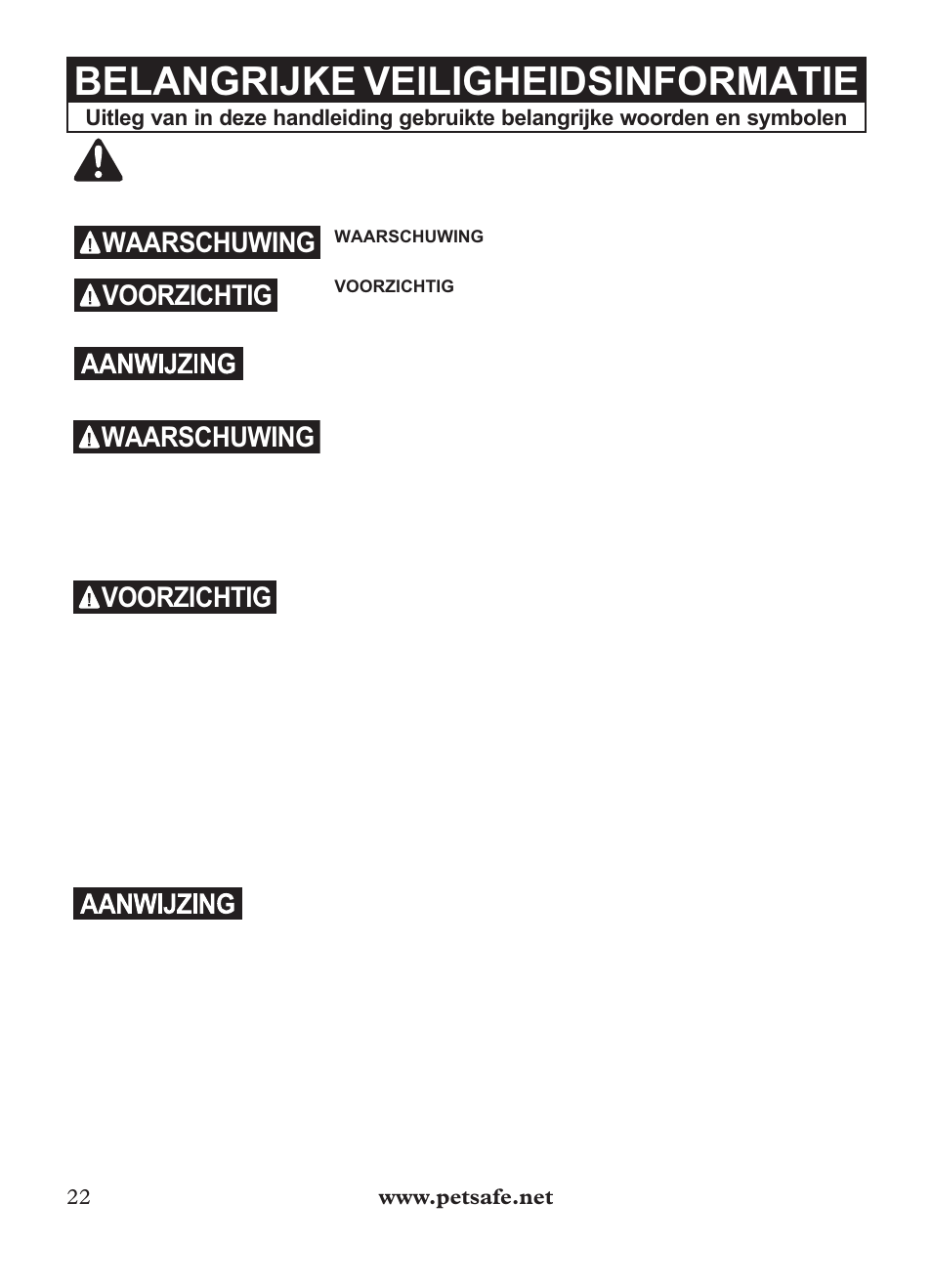 Belangrijke veiligheidsinformatie, Waarschuwing, Voorzichtig | Petsafe Outdoor Bark Control User Manual | Page 22 / 72