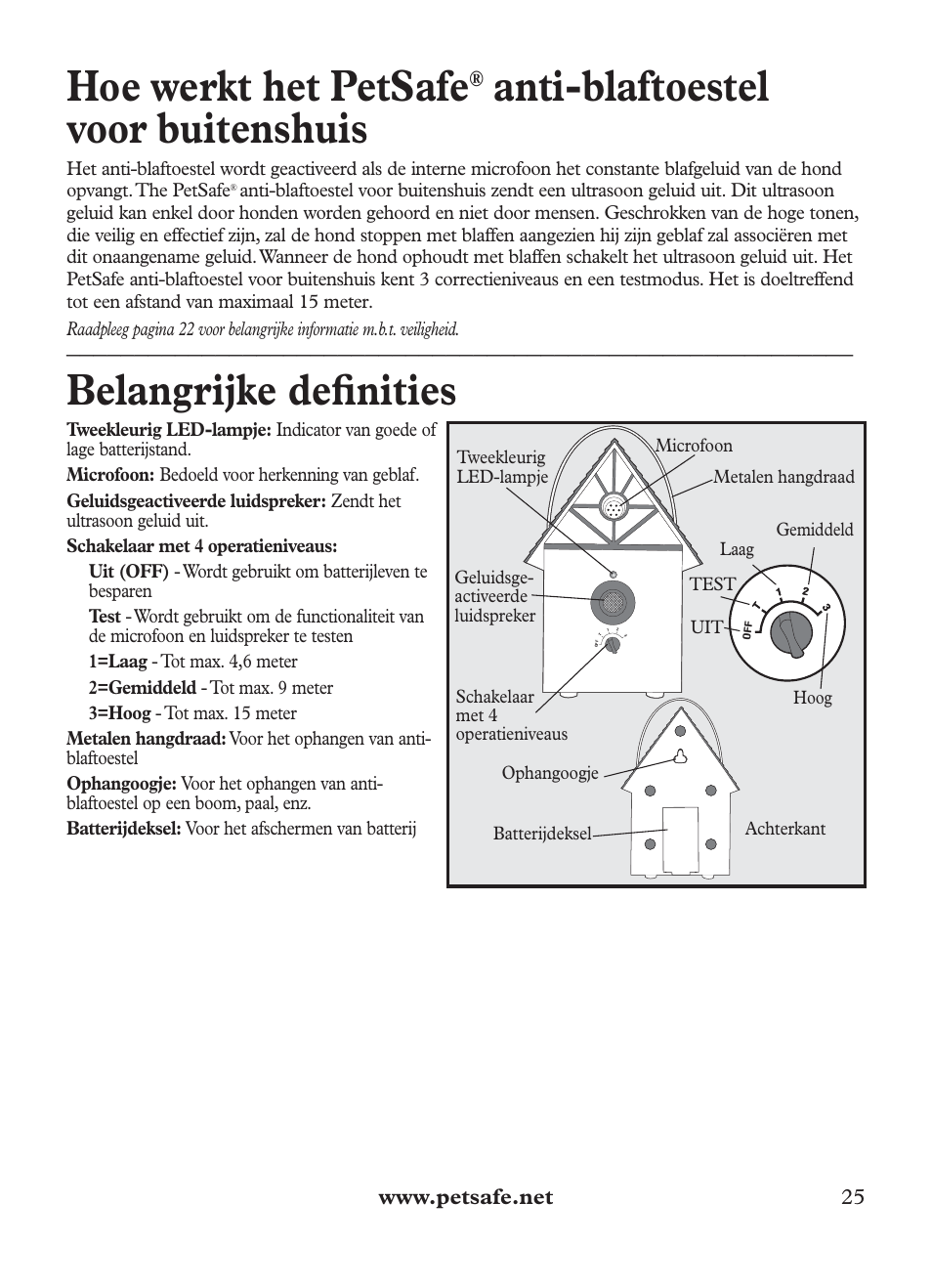 Hoe werkt het petsafe, Anti-blaftoestel voor buitenshuis, Belangrijke defi nities | Uit test laag gemiddeld hoog | Petsafe Outdoor Bark Control User Manual | Page 25 / 72