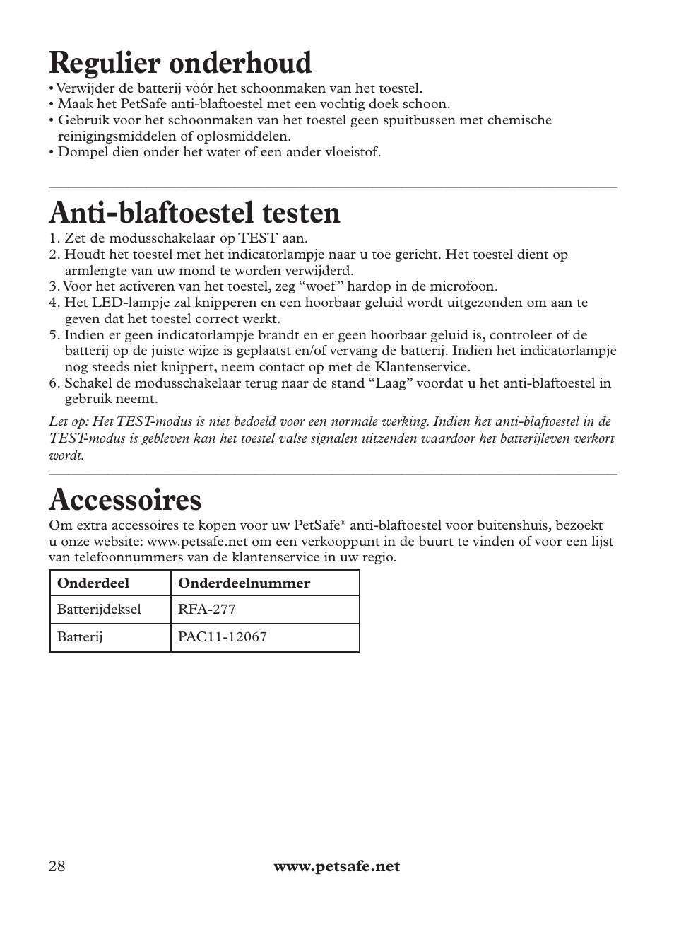Regulier onderhoud, Anti-blaftoestel testen, Accessoires | Petsafe Outdoor Bark Control User Manual | Page 28 / 72