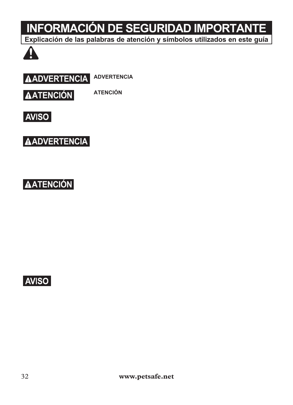 Información de seguridad importante, Advertencia, Atención | Petsafe Outdoor Bark Control User Manual | Page 32 / 72