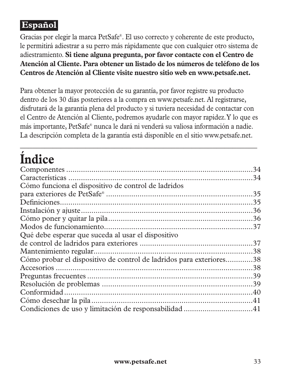 Índice | Petsafe Outdoor Bark Control User Manual | Page 33 / 72