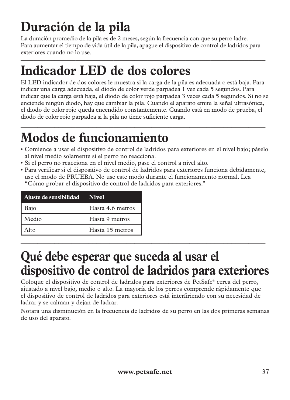 Duración de la pila, Indicador led de dos colores, Modos de funcionamiento | Petsafe Outdoor Bark Control User Manual | Page 37 / 72