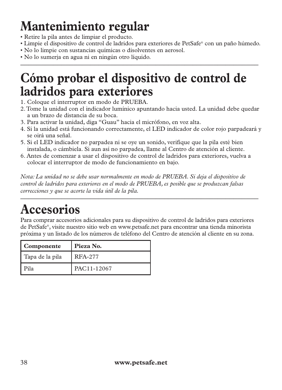 Mantenimiento regular, Accesorios | Petsafe Outdoor Bark Control User Manual | Page 38 / 72