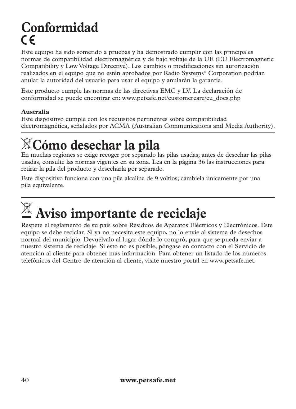 Conformidad, Cómo desechar la pila, Aviso importante de reciclaje | Petsafe Outdoor Bark Control User Manual | Page 40 / 72