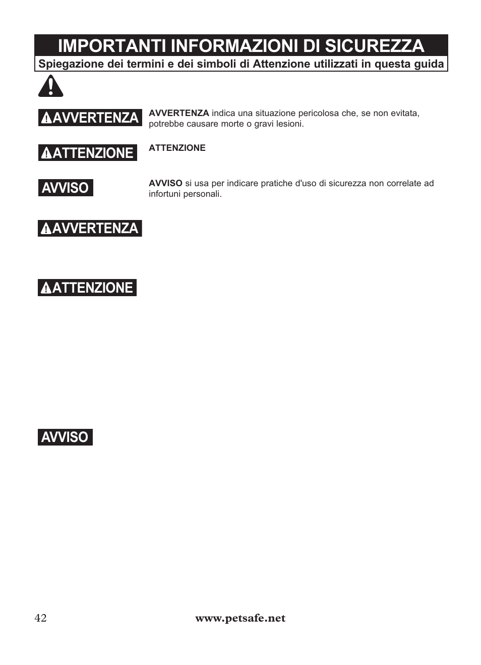 Importanti informazioni di sicurezza, Avvertenza, Attenzione | Avviso | Petsafe Outdoor Bark Control User Manual | Page 42 / 72