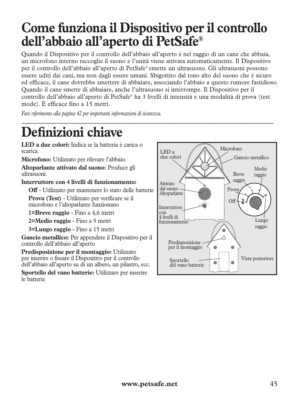 Defi nizioni chiave, Off prova breve raggio medio raggio lungo raggio | Petsafe Outdoor Bark Control User Manual | Page 45 / 72