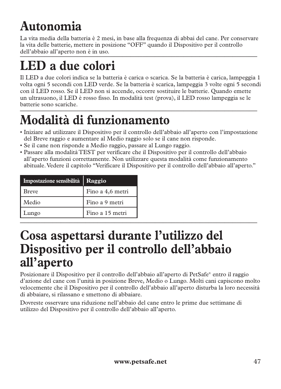 Autonomia, Led a due colori, Modalità di funzionamento | Petsafe Outdoor Bark Control User Manual | Page 47 / 72