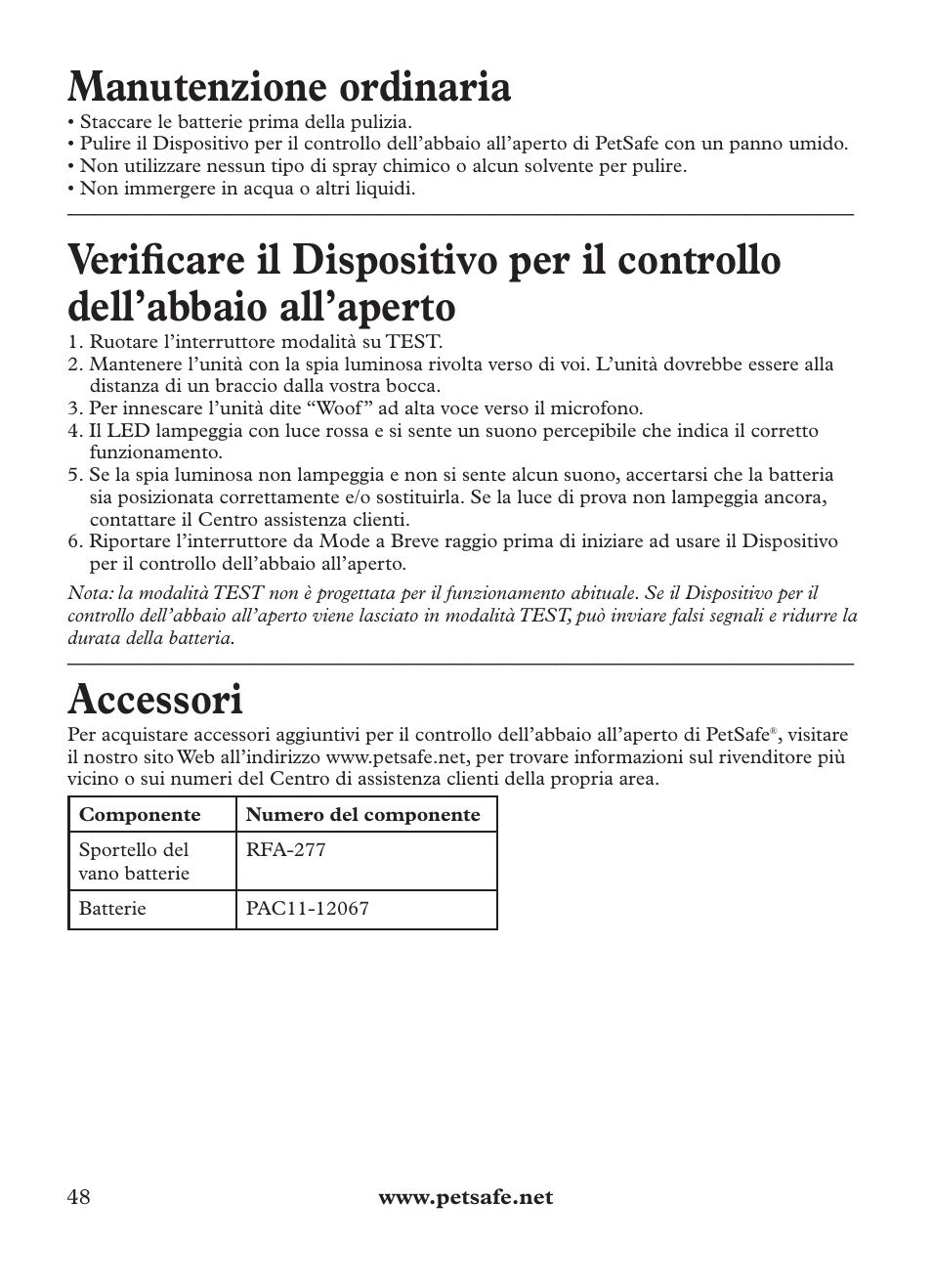 Manutenzione ordinaria, Accessori | Petsafe Outdoor Bark Control User Manual | Page 48 / 72