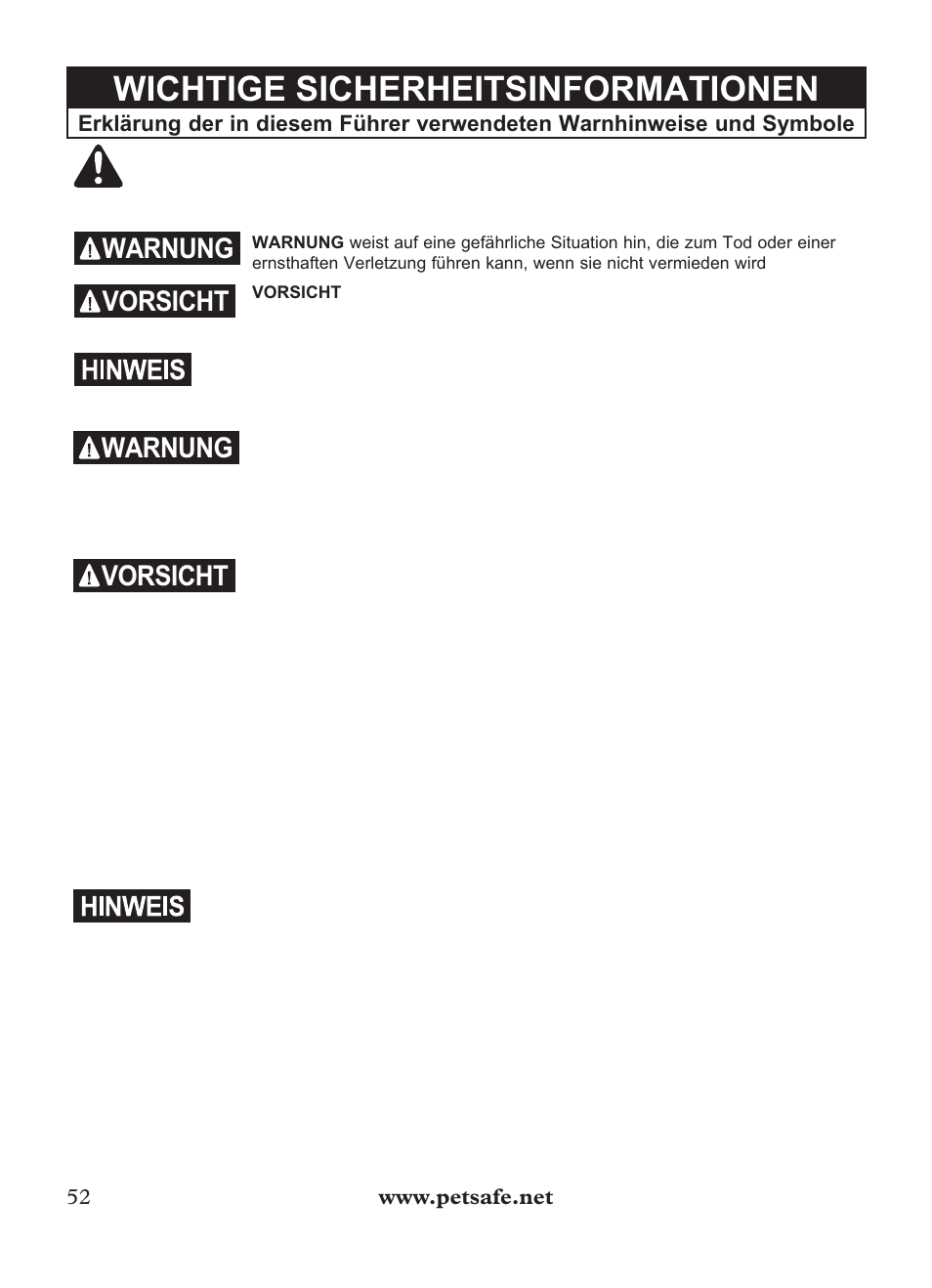 Wichtige sicherheitsinformationen, Warnung, Vorsicht | Petsafe Outdoor Bark Control User Manual | Page 52 / 72
