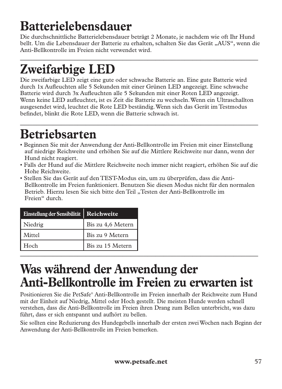 Batterielebensdauer, Zweifarbige led, Betriebsarten | Petsafe Outdoor Bark Control User Manual | Page 57 / 72