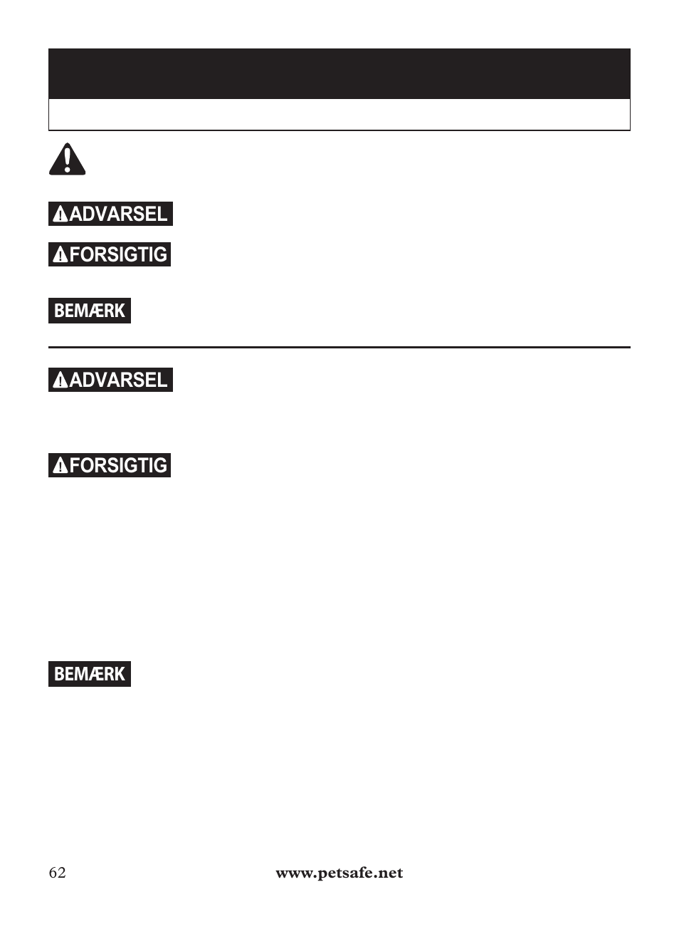 Vigtige sikkerhedsoplysninger, Advarsel, Forsigtig | Bemærk | Petsafe Outdoor Bark Control User Manual | Page 62 / 72