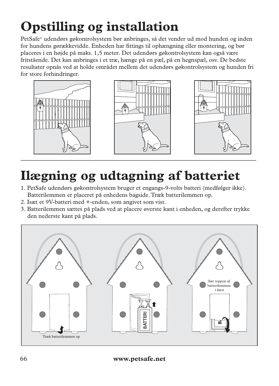 Opstilling og installation, Ilægning og udtagning af batteriet, Petsafe | Petsafe Outdoor Bark Control User Manual | Page 66 / 72
