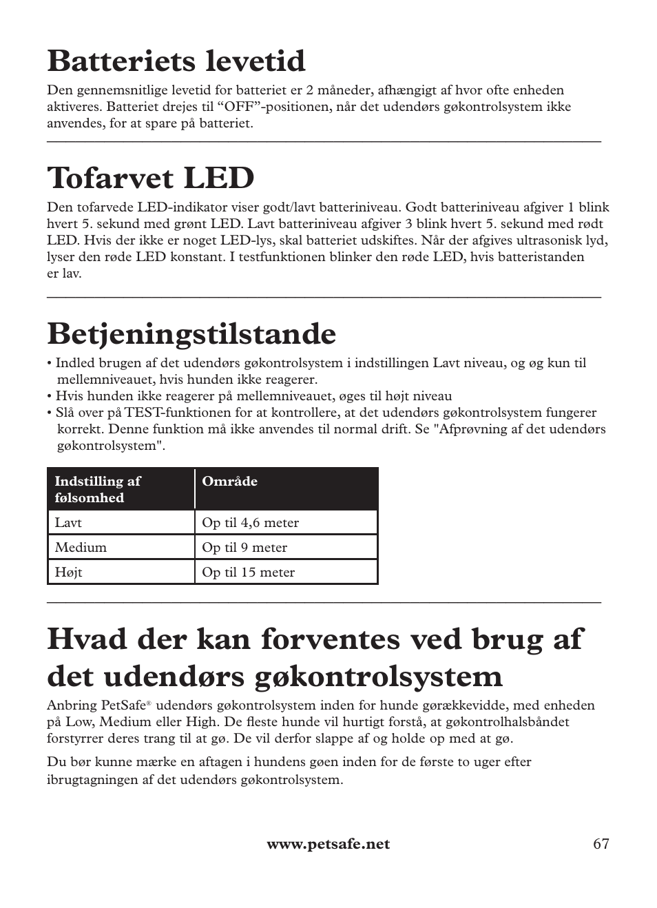 Batteriets levetid, Tofarvet led, Betjeningstilstande | Petsafe Outdoor Bark Control User Manual | Page 67 / 72