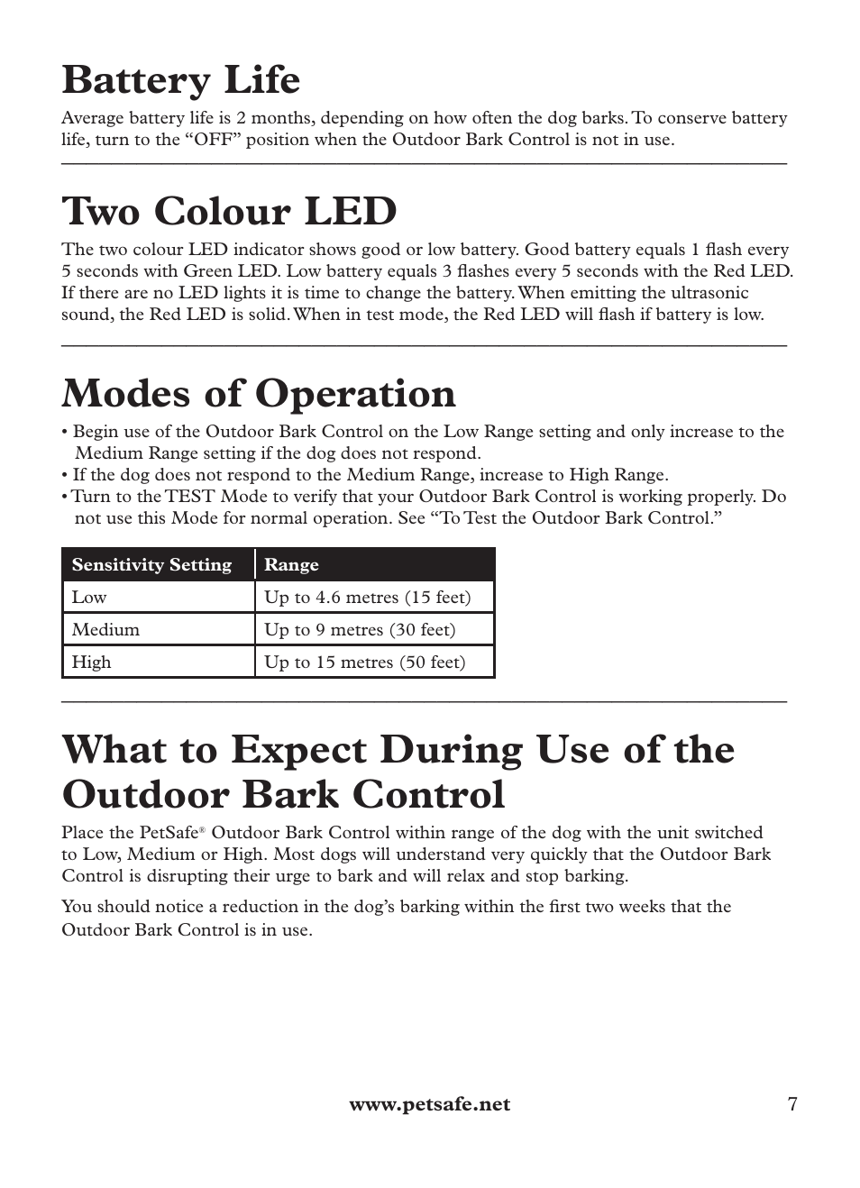 Battery life, Two colour led, Modes of operation | Petsafe Outdoor Bark Control User Manual | Page 7 / 72