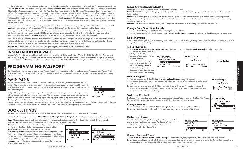 Programming passport, Installation in a wall, Main menu | Door settings, Door operational modes, Lock keypad, Volume control, Date and time, Progr amming progr amming, Change door operational mode | Petsafe Passport™ Pet Access Smart System User Manual | Page 10 / 17