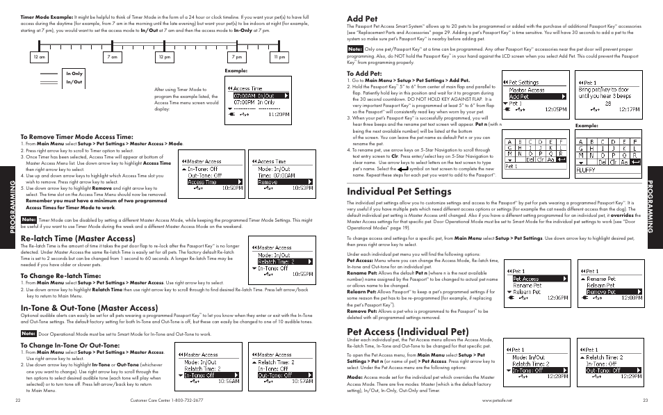 Individual pet settings, Pet access (individual pet), Re-latch time (master access) | In-tone & out-tone (master access), Add pet, Progr amming progr amming | Petsafe Passport™ Pet Access Smart System User Manual | Page 12 / 17