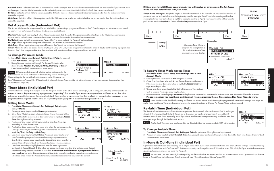 Pet access mode (individual pet), Timer mode (individual pet), Re-latch time (individual pet) | In-tone & out-tone (individual pet), Progr amming progr amming, Setting timer mode | Petsafe Passport™ Pet Access Smart System User Manual | Page 13 / 17