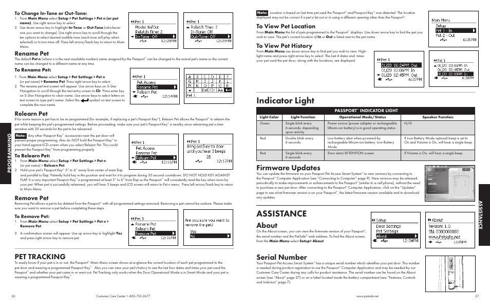 Indicator light, Assistance, Firmware updates | About, Serial number, Pet tracking, Rename pet, Relearn pet, Remove pet, Assist ance | Petsafe Passport™ Pet Access Smart System User Manual | Page 14 / 17