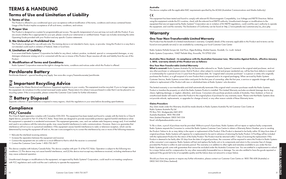 Terms & handling, Terms of use and limitation of liability, Perchlorate battery | Important recycling advice, Battery disposal, Compliance, Warranty, Fcc/canada | Petsafe Passport™ Pet Access Smart System User Manual | Page 16 / 17