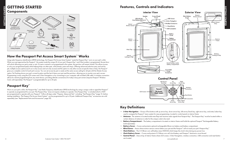 Getting started, Works, Passport key | Features, controls and indicators, Key def initions, Control panel, Get ting st ar ted get ting st ar ted | Petsafe Passport™ Pet Access Smart System User Manual | Page 4 / 17