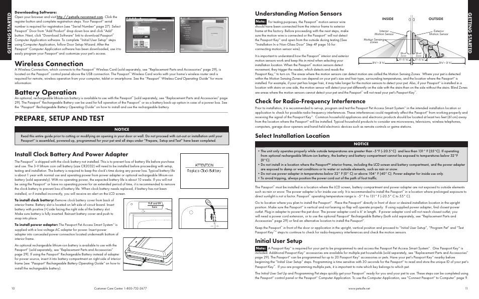 Wireless connection, Battery operation, Prepare, setup and test | Install clock battery and power adapter, Understanding motion sensors, Check for radio-frequency interference, Select installation location, Initial user setup, Get ting st ar ted get ting st ar ted, Notice | Petsafe Passport™ Pet Access Smart System User Manual | Page 6 / 17