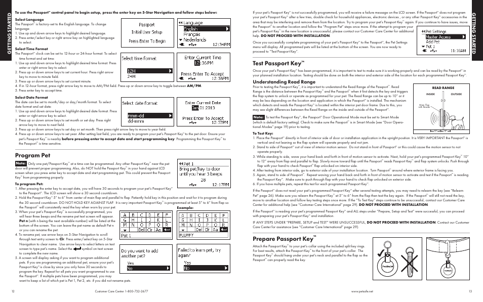 Test passport key, Prepare passport key, Program pet | Get ting st ar ted get ting st ar ted, Understanding read range | Petsafe Passport™ Pet Access Smart System User Manual | Page 7 / 17