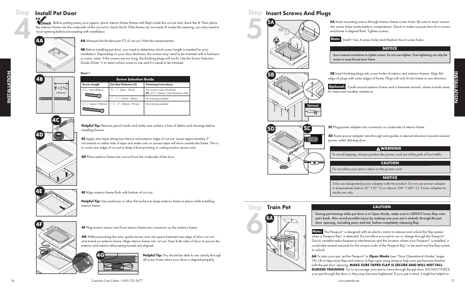 Step, Install pet door, Insert screws and plugs | Train pet, 4e 4d 4c, 4g 4f, 5d 5c | Petsafe Passport™ Pet Access Smart System User Manual | Page 9 / 17
