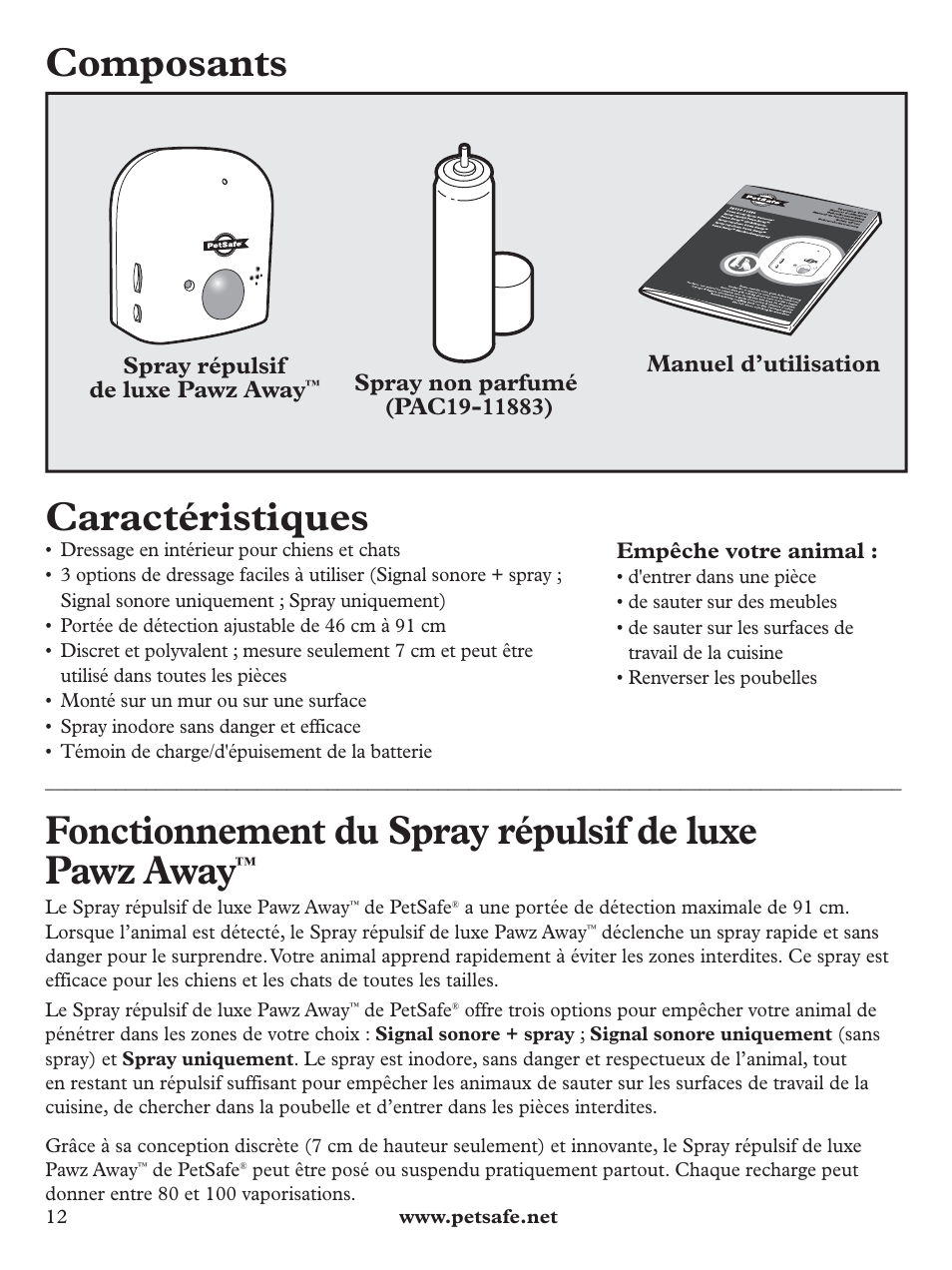 Composants, Caractéristiques, Fonctionnement du spray répulsif de luxe pawz away | Petsafe Pawz Away Deluxe Spray Deterrent User Manual | Page 12 / 68